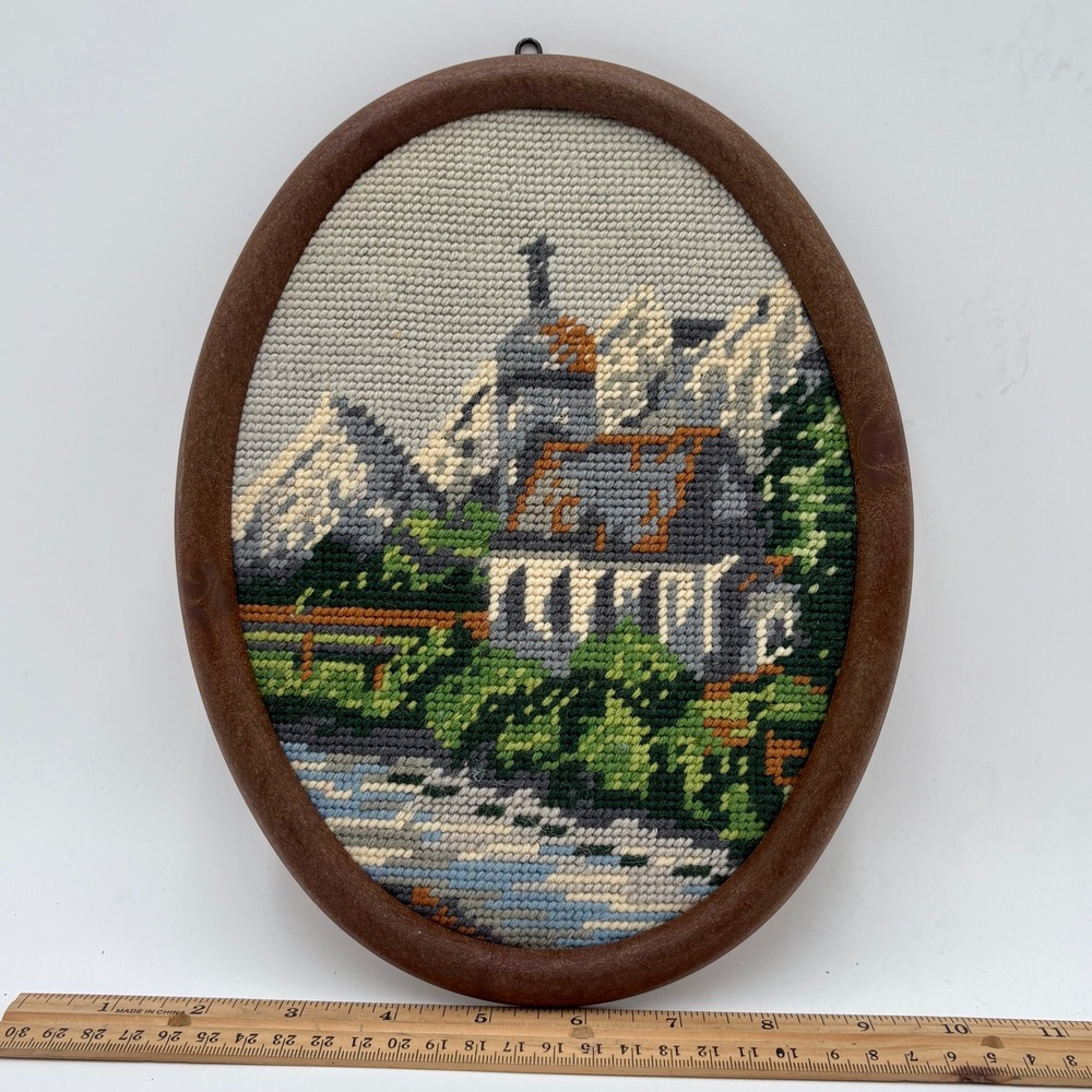 1980s Handmade Needlepoint Wall Art Alpine Mountain Oval Frame 8x10 Grandma